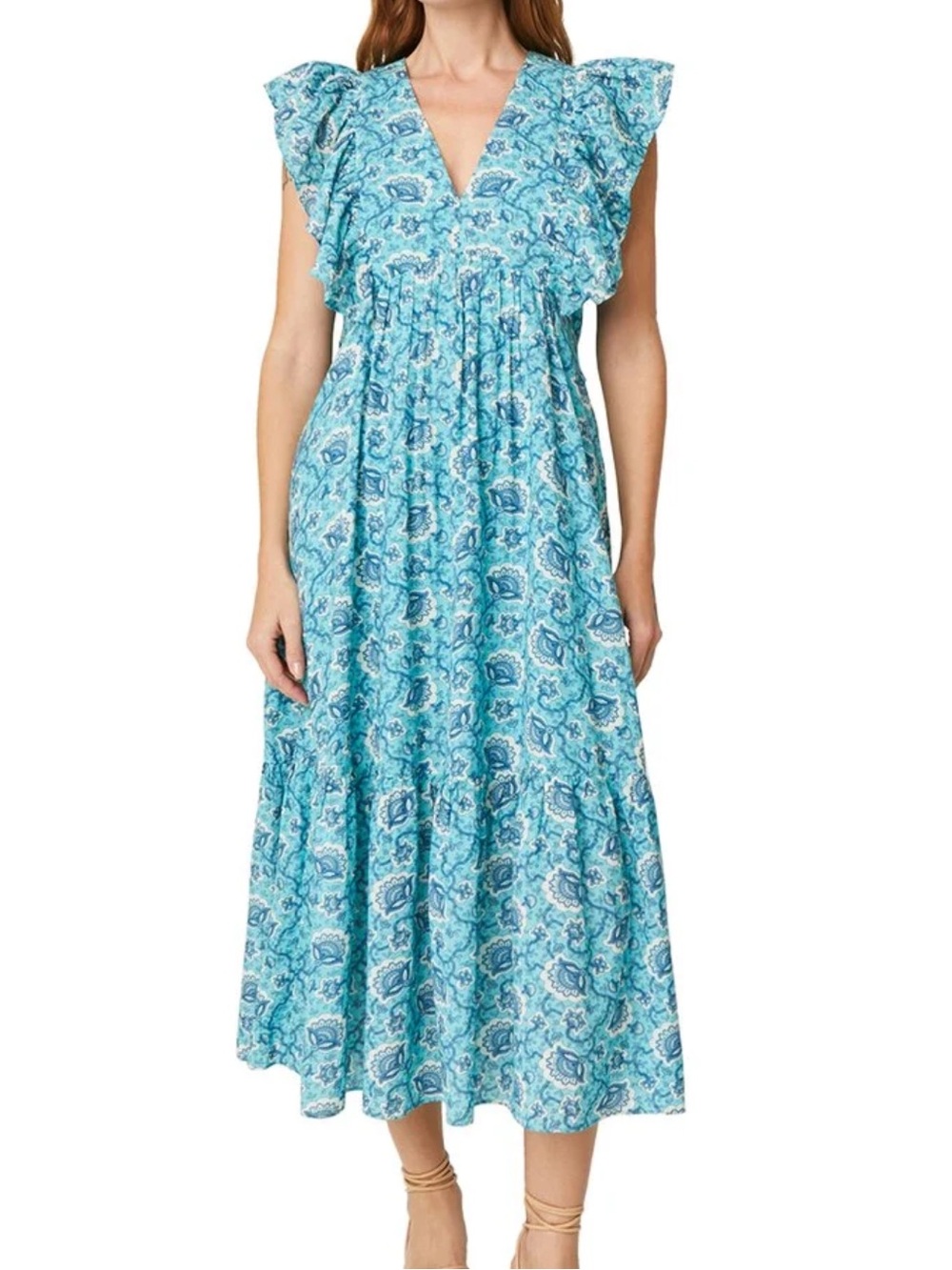 RHODE Tasha Midi Dress Size 6 Blue Teal Paisley Floral Ruffle Sleeve